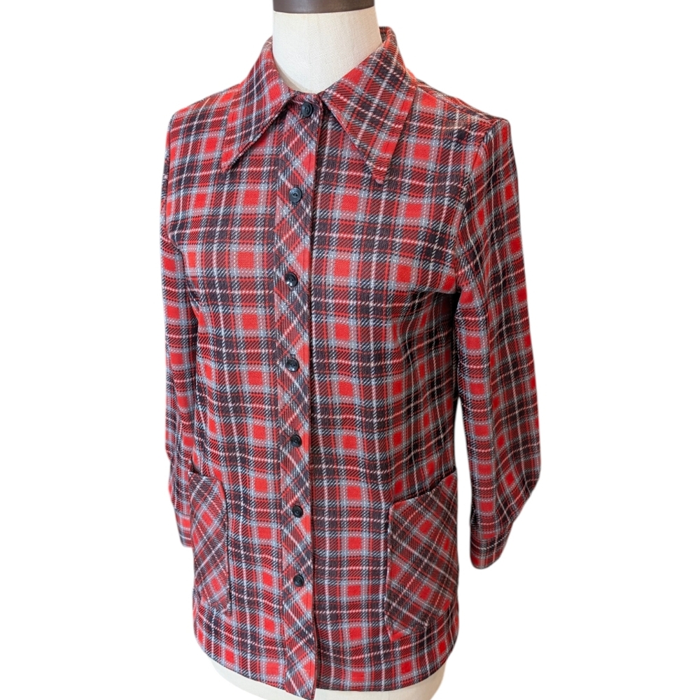 Vintage polyester plaid button up Shirt W oversized Pockets. Sz 12.